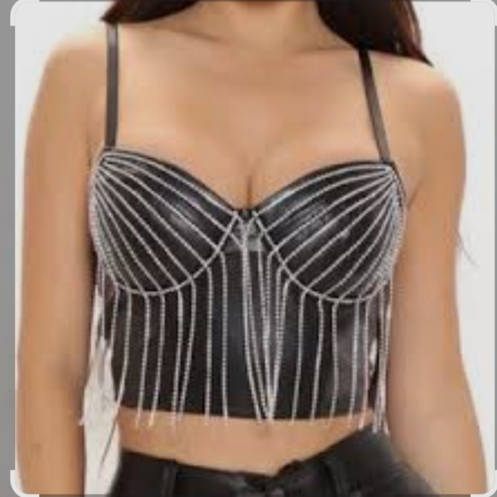 BlASHE - Rhinestone Tassled Faux Leather Bustier - Black Women's Size MED
